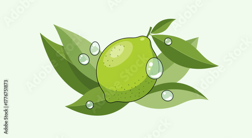 Fresh Lime With Water Drops And Green Leaves, Perfect For Healthy Eating Content Illustration