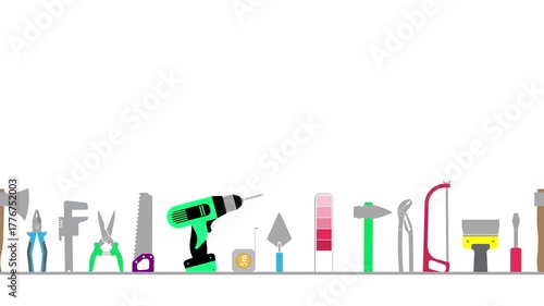 Professional handyman services. Video with colorful tools collection and text space.  Animation  of repair tools on white background for your  design. Loop Animated Video. 4K.