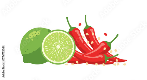 Fresh Lime And Spicy Chili Peppers Composition In Vibrant And Artistic Style.