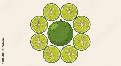 Fresh Lime Arrangement With Slices Around Whole, Artistic Citrus Fruit Composition