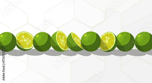 Fresh Limes In A Row Illustration Over Geometric White Background