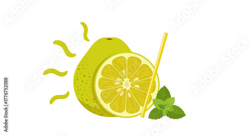 Fresh Lime Drink Illustration With Mint And Straw Perfectly Isolated On White