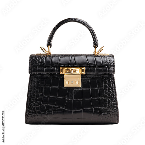 Luxury Handbag with Gold Details and Crocodile Texture PNG