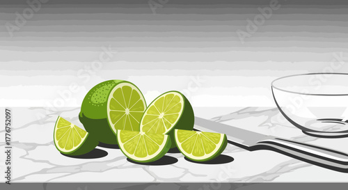 Fresh Limes with Slices near Glass Bowl and Knife Resting Upon Table