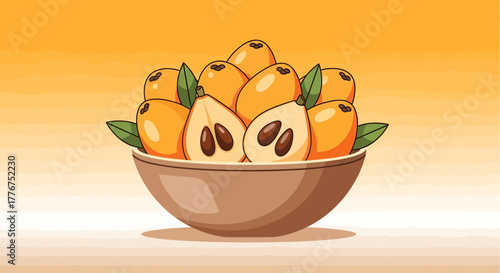 Fresh Loquats In A Bowl Cartoon Illustration, Culinary Delights And Sweet Treats Artwork