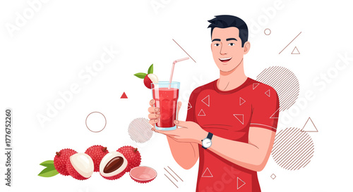 Fresh Lychee Drink: A Cheerful Man Presents Refreshing Beverage Preparation