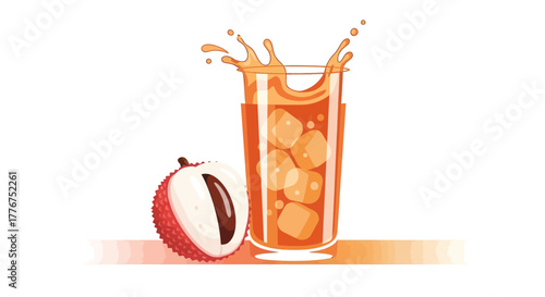 Fresh Lychee Drink Illustration: Refreshing Beverage with Ice Cubes and Splashes of Juice