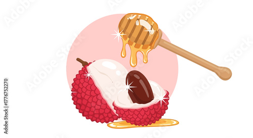 Fresh Lychee Fruit Drizzled With Honey, Delicious And Sweet, Isolated  On White