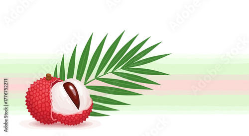 Fresh Lychee Fruit Design With Palm Frond And Simple White Background Composition