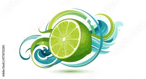 Fresh Lime Slice Adorned by Artistic Waves in a Colorful and Stylized Design