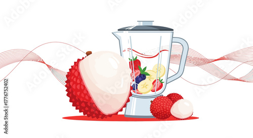 Fresh Lychee Smoothie Preparation with Mixed Fruits inside a Blender Illustration