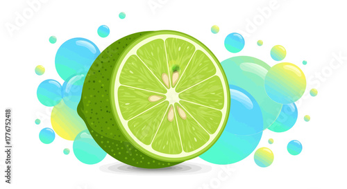 Fresh Lime Slice With Colorful Bubbles Conceptual Design Isolated On White Background