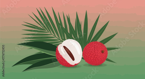 Fresh Lychees Displayed with Leaves in a Serene Nature-Inspired Composition