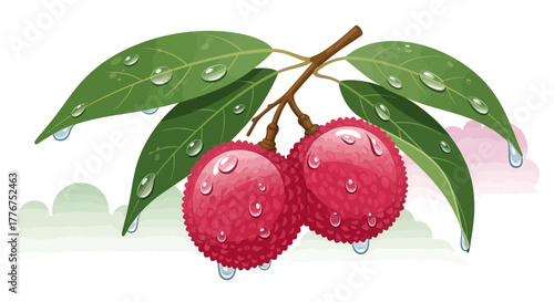 Fresh Lychees With Leaves And Water Droplets Showing a Healthy Natural Scene