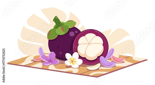 Fresh Mangosteen Tropical Fruit Still Life Composition With Colorful Floral Elements