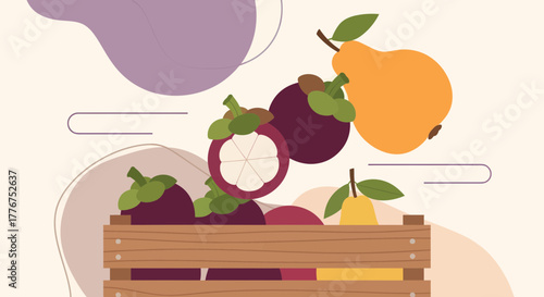Fresh Mangosteen, Pear, And Yellow Pear Composition With Harvest Crate Illustration