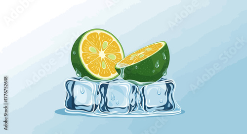 Fresh Lime Slices on Ice Cubes, Refreshing Summer Drink Digital Illustration Concept