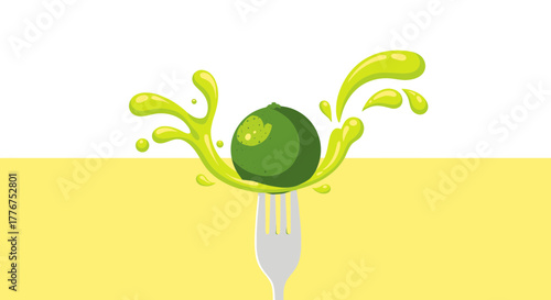Fresh Lime With Artistic Green Splash Over Fork On Yellow And White Background