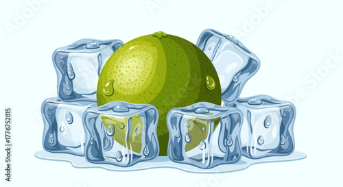 Fresh Lime Surrounded By Refreshing Ice Cubes On White Background Food Illustration