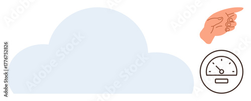 Cloud icon with performance gauge and hand gesture symbolizes technology, speed, measurement, and direction. Ideal for cloud services, data efficiency, tech strategy, performance metrics, energy