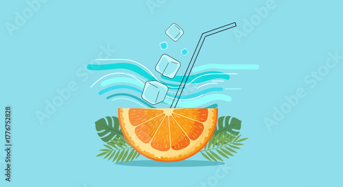 Fresh Orange Citrus Drink with Ice and Tropical Elements for a Refreshing Vibe