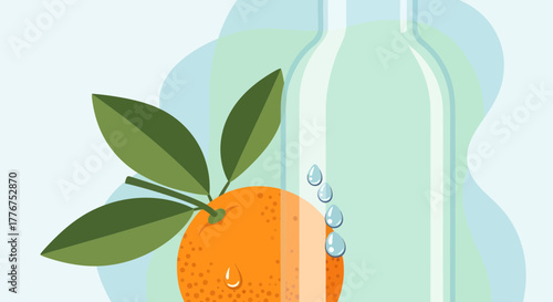 Fresh Orange Fruit Accompanied By Dew Drops And Transparent Bottle Illustration