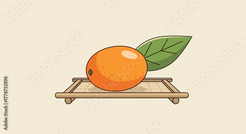 Fresh Orange Fruit Resting Gently On A Wooden Tray, With Green Leaf In Simple Artistic Design