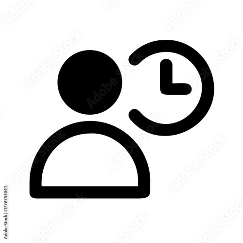 User time management icon – simple person silhouette with clock symbol for scheduling apps, productivity tools, attendance tracking, deadlines, reminders, and modern UI/UX interfaces