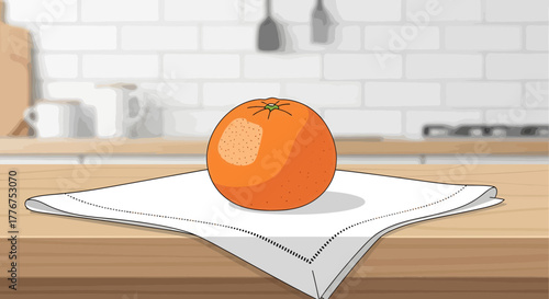 Fresh Orange Resting on a White Napkin in a Bright Kitchen Setting