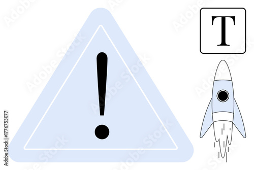 Exclamation mark inside a triangle, a rocket launching, and a text icon. Ideal for warning systems, education, innovation, communication, alertness space exploration creativity. Simple flat