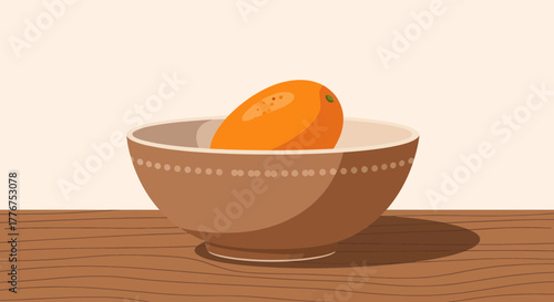 Fresh Orange Resting Inside Decorated Bowl on Wooden Table Surface Background