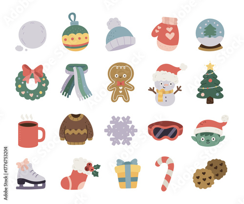 Winter set in scandinavian style featuring cozy clothing, festive decorations, delicious cookie, cheerful snowmen, christmas trees, and traditional holiday gifts for warm celebration