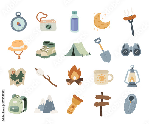 Camping, tourism set in scandinavian style showing outdoor adventure equipment and travel essentials with hiking gear, campfire tools, sleeping bag, and tent for your exploration projects