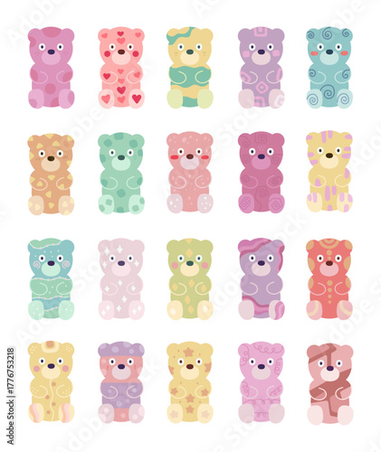 Gummy bear set in scandinavian style showing tasty dessert candy shapes with jelly confectionery made for holiday celebration and handmade sugary snack for your projects