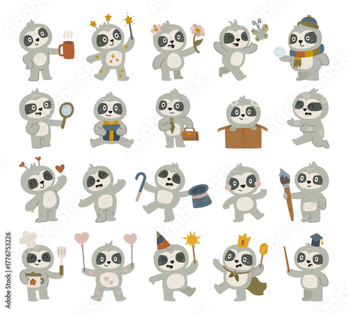 Sloth character set in scandinavian style showing adorable animal activities from drinking coffee and holding gifts to wearing festive hats and celebrating fun moments