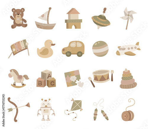 Children toy set in scandinavian style showing various handmade wooden playthings musical instruments and educational objects for preschool learning development and play activities for kids