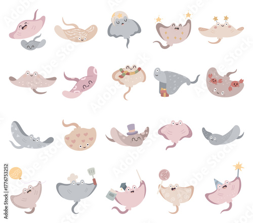 Sea stingray character set in scandinavian style adorable marine animal showing various cute emotions and poses and accessories for underwater celebration education magic and culinary
