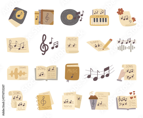 Music set in scandinavian style showing book, record, sheet, and creative objects for studying melody, writing song, learning exploring sound composition in education projects