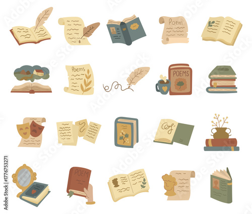 Literature subject set in scandinavian style featuring books scrolls poems feathers masks and imagination objects for education reading culture creativity and story inspiration