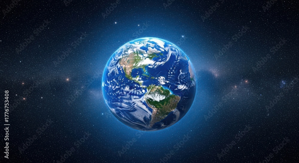Obraz premium Glowing Blue Earth Planet Floating in Space Against Starry Nebula Background Showing North and South America