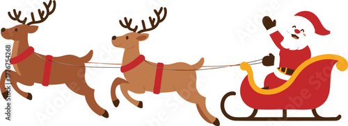 Santa claus riding in his sleigh pulled by two reindeer through the winter sky on christmas eve