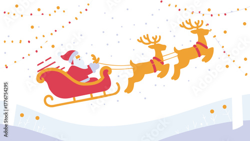 Whimsical illustration of santa claus in his sleigh pulled by reindeer flying through a snowy sky with festive lights