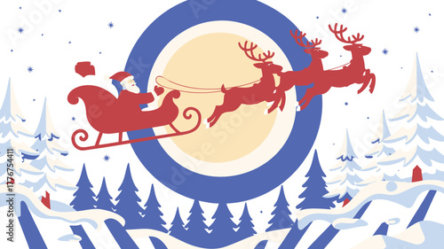 Santa claus and his reindeer flying through a snowy winter landscape under a large blue oval and yellow moon