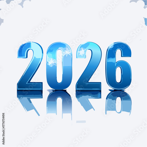 Blue glossy 3D numbers 2026 with internal snowflake pattern and reflections on a light background new year