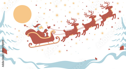 Santa claus flying in his sleigh pulled by reindeer across a snowy winter sky with a full moon