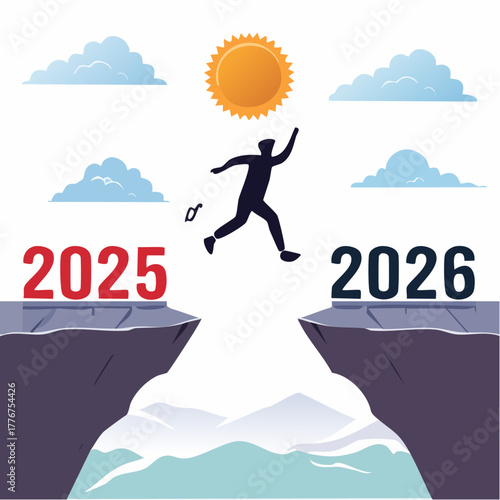 Silhouette of a person jumping from 2025 cliff to 2026 cliff with sun and clouds in the background new year