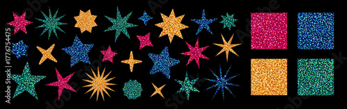 Glitter seamless patterns and stickers in the shape of stars on darl background. Sparkling vector sequin textures with shine effect, for stickers, DIY crafts, christmas wrapping. Drag to swatches.