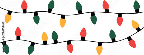 Festive string of red green and yellow christmas lights on a white background seamless pattern