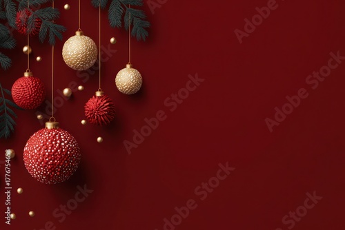 Festive red and gold Christmas ornaments hang against a deep red background with pine branches.