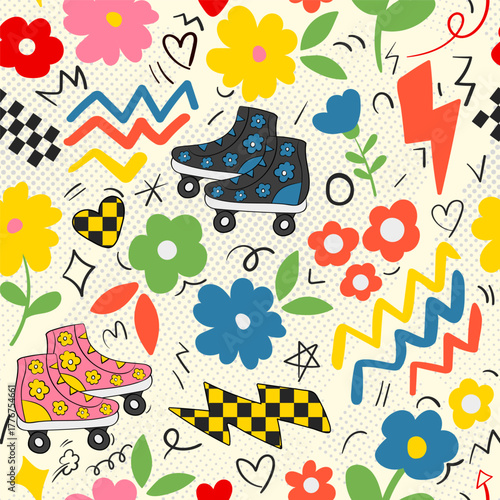 Playful seamless pattern with retro roller skates, colorful flowers, and lightning bolts. A fun Y2K-inspired design for apparel, wrapping paper, and digital art.